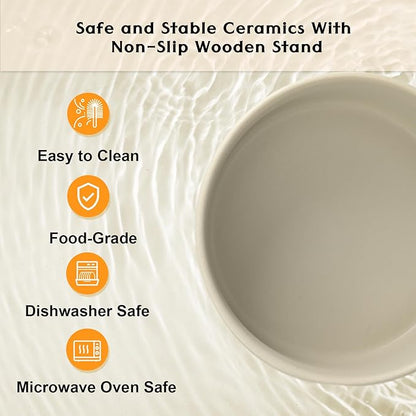SPUNKYJUNKY Ceramic Elevated Dog Bowls 2 Pack - 6.1inch Raised Dog Bowls with Non-Slip Wooden Stand for Medium Dogs Dishwasher Safe(Grey,28.7OZ*2)