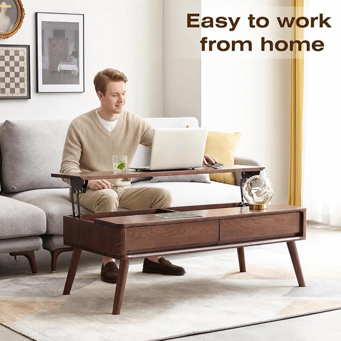 Solid Oak Wood Lift Top Coffee Table for Living Room, Mid Century Modern Tables with Drawers and Large Storage, Coffee Tables for Small Spaces (Oak Walnut Color, 39.37" W x 21.65" D x 25.59" H)