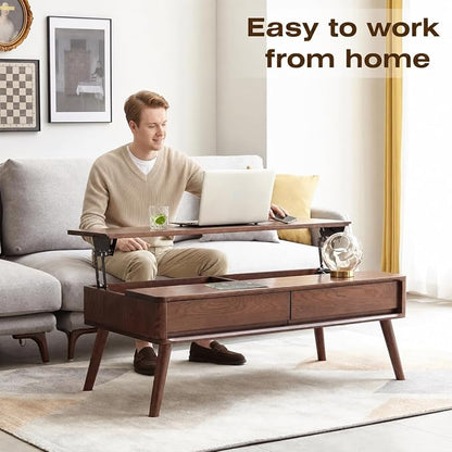 Solid Oak Wood Lift Top Coffee Table for Living Room, Mid Century Modern Tables with Drawers and Large Storage, Coffee Tables for Small Spaces (Oak Walnut Color, 39.37" W x 21.65" D x 25.59" H)