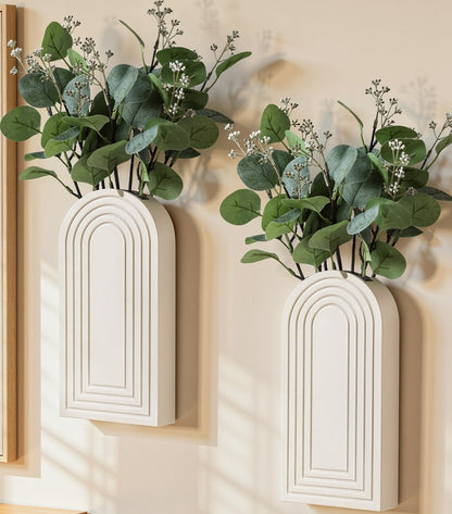 DREAMLOOM 2 Pack Wooden Wall Vases with Fake Plants, Wall Hanging Planters Boho Modern Farmhouse Indoor for Narrow Spaces Entryway Bathroom Home Office Decoration, White