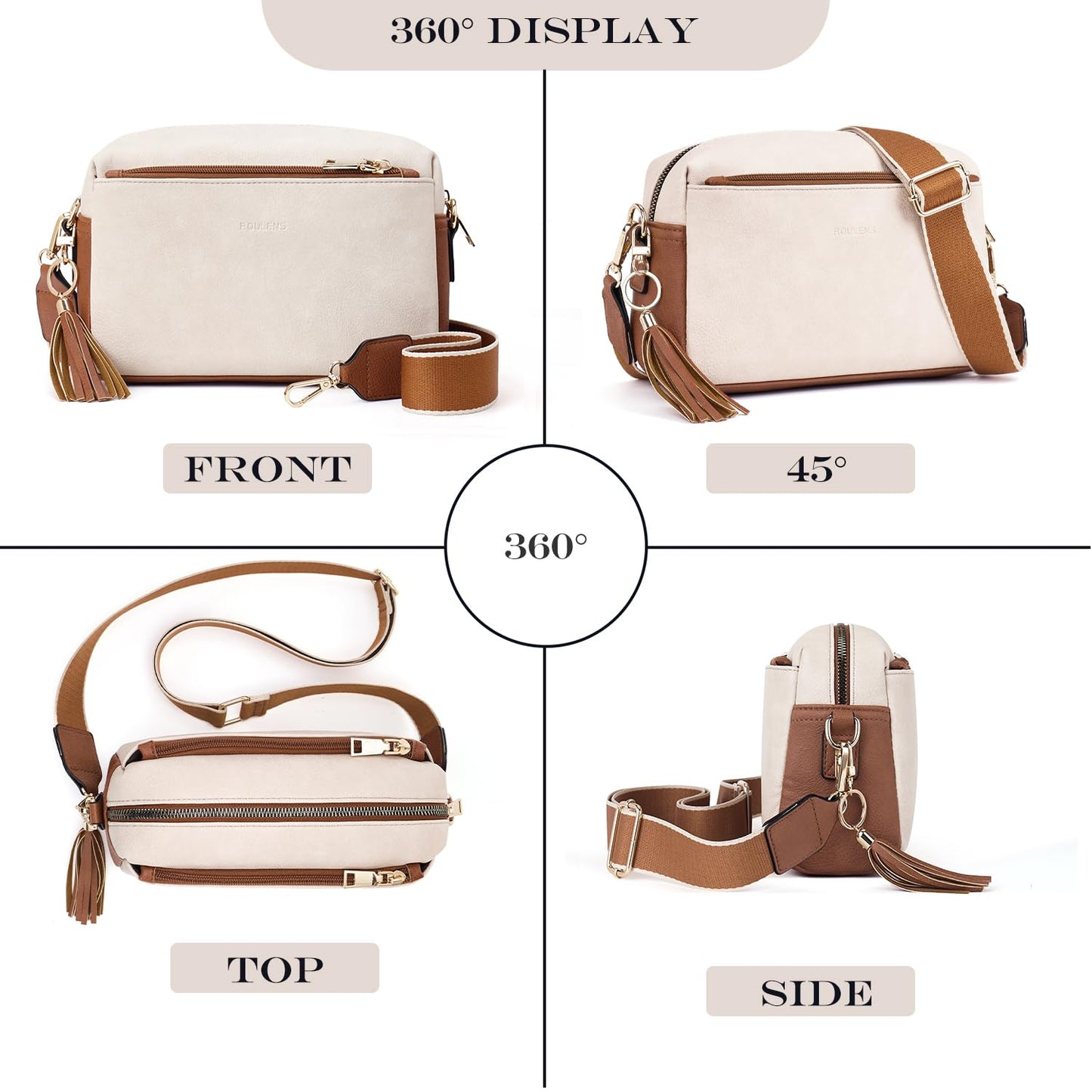 Roulens Triple Zip Small Crossbody Bag for women,Wide Strap Cell Phone Purse Shoulder Handbag Wallet with Credit Card Slots