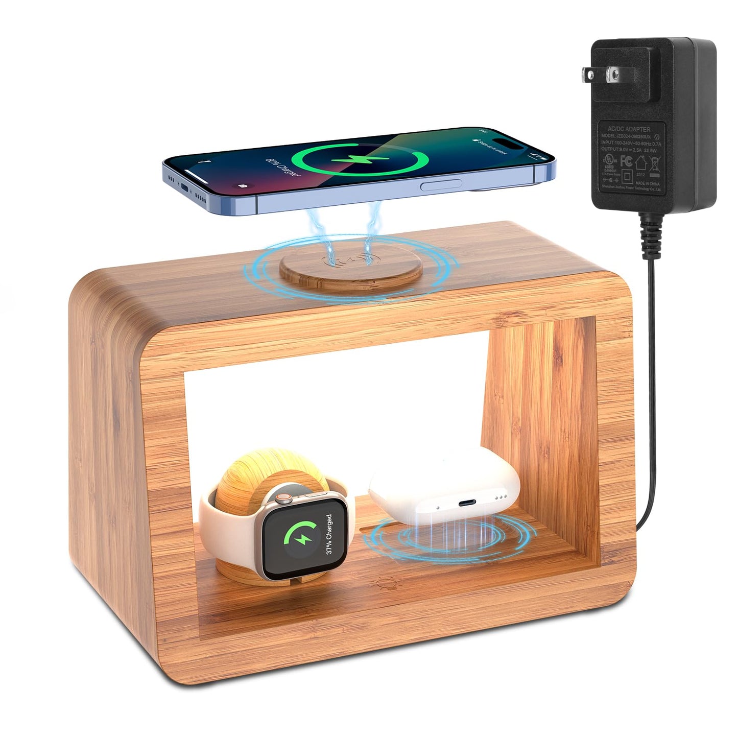 HQOBZX Bamboo Wireless Charging Station: Fast Charger Stand for iPhone 15/14/13/12/11 Pro Max/X/Xs Max/8, AirPods Pro, iWatch Series SE - 3-in-1 Dock