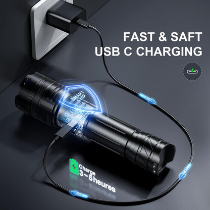 Rechargeable Flashlights 2000 High Lumens Single One Mode Super Bright, High Powered LED Flashlight USB C, High Beam 3280 ft Long Lasting Powerful Heavy Duty Strong Flash Light for Security Hiking