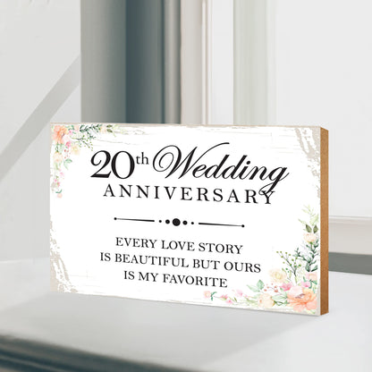 LifeSong Milestones Anniversary Shelf Sitter 5.5x8 - Table Top Décor for Wedding for Couples, Parents, and Her - Wooden Décor (20th White Every Love Story)