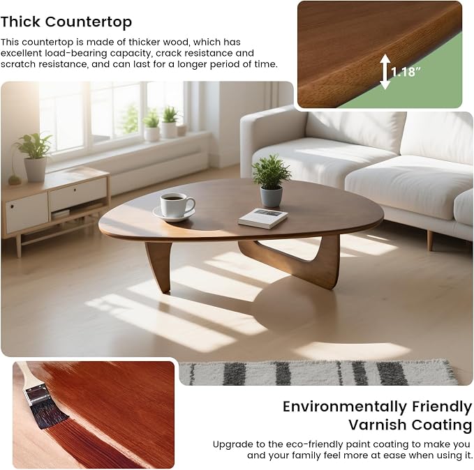 Modern Triangle Coffee Table: Unique Funky Soild Wood Coffee Tables for Living Room, Wooden Oval Mid-Century Modern Abstract Tea Tables for Patio Office Balcony (Walnut, 33" L x 22" W x 16" H)