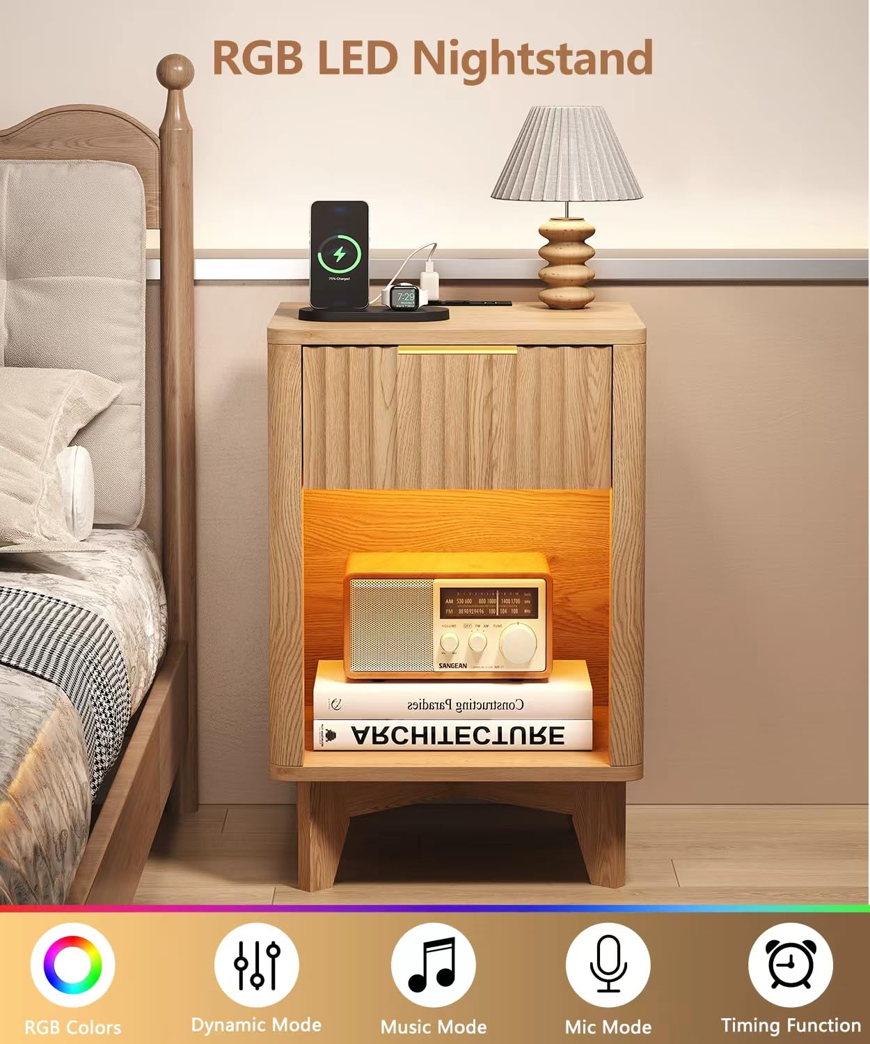 Zeibospri Fluted Nightstand Set of 2, Wooden Night Stand with Charging Station and LED Light, Modern Mid Century End Table with Drawer, Bedside Table for Bedroom, Natural Oak