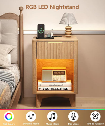 Zeibospri Fluted Nightstand Set of 2, Wooden Night Stand with Charging Station and LED Light, Modern Mid Century End Table with Drawer, Bedside Table for Bedroom, Natural Oak
