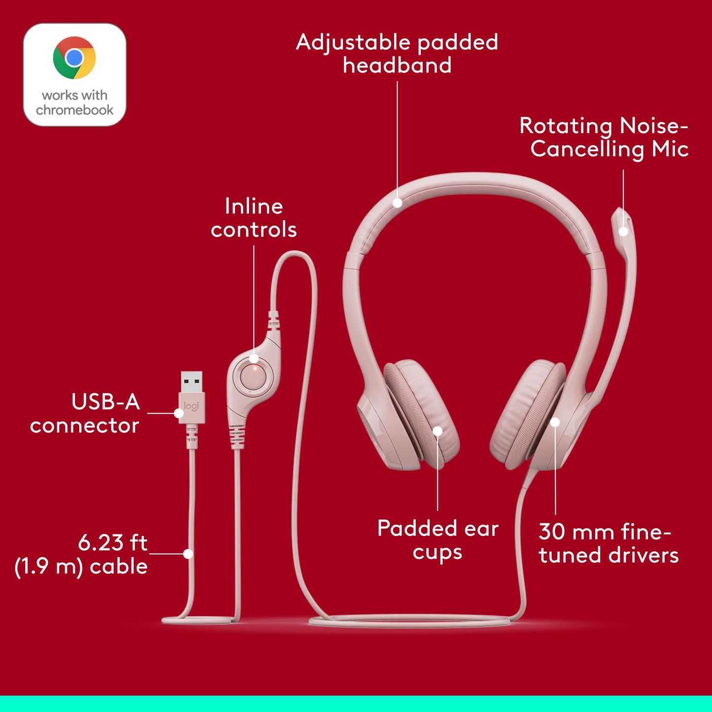 Logitech H390 Wired Headset for PC/Laptop, Stereo Headphones with Noise Cancelling Microphone, USB-A, in-Line Controls, Works with Chromebook - Rose