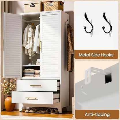 Metal Armoire Wardrobe Closet, 71" Clothing Storage Cabinets with Adjustable Hanging Rod and Shelves , Louvered Doors, 2 Side Hooks & 2 Drawers - Closet Cabinet for Bedroom, Laundry Room, Cloak Room