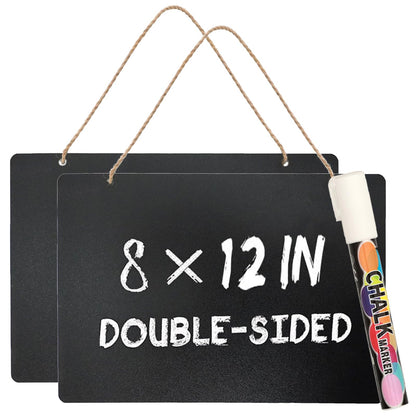 2 Pack Chalkboard Sign with String 8"x12" Double Sided Erasable Message Board Sign, Wooden Mini Chalkboards Sign with Liquid Chalk Marker, Hanging Message Board for Bar and Special Event Decorations