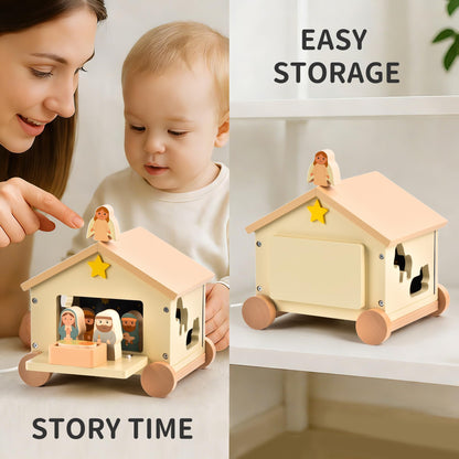 Mauzutta Wooden Nativity Set Montessori Toys for 1 Year Old - Baptism Gifts for Boys Girls - Religious Christening Gift - Bible Toys for Toddlers 1-3 House on Wheels Shape Sorter