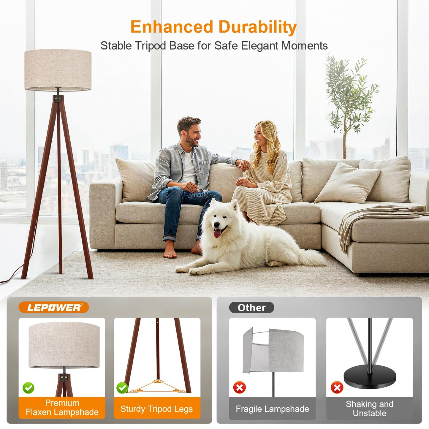 LEPOWER Wood Tripod Floor Lamp, Mid Century Standing Lamp, Modern Design Studying Light for Living Room, Bedroom, Study Room and Office, Flaxen Linen Shade with E26 Base Brown
