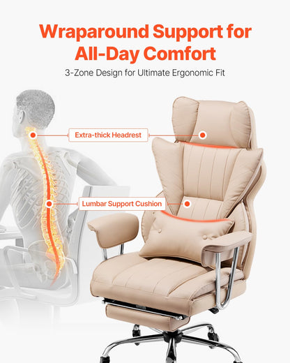 VEVOR Executive Office Chair with Footrest, 400lb Capacity Oversize Office Chair with Lumbar Pillow & Removable Armrests, Heavy Duty Ergonomic Chair, PU Leather Reclining Home Office Desk Chair, Brown