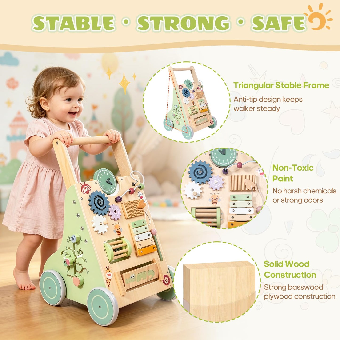 Brownroot Wooden Baby Walker with 10-in-1 Activity Center Adjustable Height Montessori Toddler Push Toy with Xylophone, Shape Sorter Gears for 1 2 3 Year Old Boys Girls