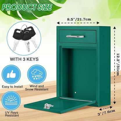 Yaocom Locking Mailbox with Key for Outdoor 12.2 x 8.5 x 3 Inches Large Wall Mount Mail Box with Lock Security Mail Drop Metal Collection Boxes Hanging Secure Postbox(Green)