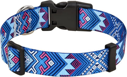 MarukoPet Dog Collar and Leash Set, Adjustable for Small Medium Large Dogs Puppy, Cute Design with Bohemia Floral Tribal Geometric Patterns Boys Girls Dog Collar(Blue Ethnic Style Set,L)