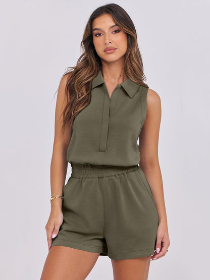 ANRABESS Romper for Womens 2025 Summer Dressy Casual Sleeveless V Neck One Piece Short Jumpsuit Lounge Travel Outfits Clothes Army Green Medium