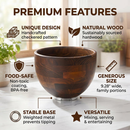 Binken Walnut Wooden Mixing Bowl Compatible with 4.5 & 5 QT Tilt-Head Stand Mixers, 5 Quart Natural Wood Dough Bowl for Baking, Kitchen Prep & Serving