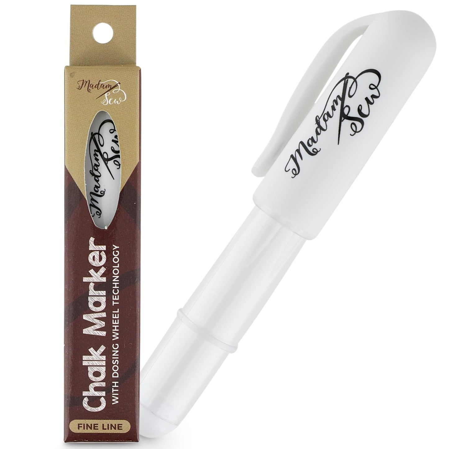 Madam Sew Refillable Tailors Chalk for Fabric - Washable Fabric Markers for Sewing and Quilting with Dosing Wheel, Tailor Chalk Pen for Precise Marking on Cotton, Knit, Suede (White)