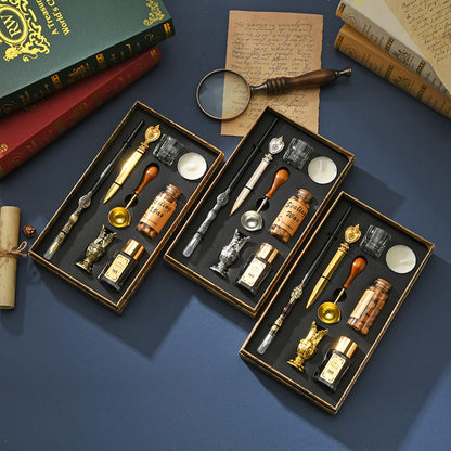 Joyeee Wooden Dip Pen Set with Ink, Vintage Letter Opener Knife, Desk Pen Holder, Tealight Candles, Idea for Writing, Drawing, Signatures, Art Gifts, Envelope Wax Seal Kit with Gold Wax Seal Beads
