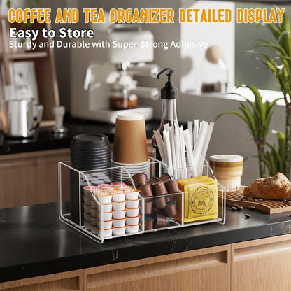 Upitry Acrylic Coffee Bar Organizer Station - Multiple Compartments - Kitchen Bar Tools Storage Rack - Beverage Station Organizer for Coffee Creamer Syrup