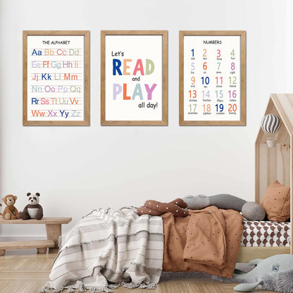 Cute Alphabet Numbers Framed Wall Art Set of 3, Boho Educational ABC Poster Wooden Sign for Baby Girl Kid Boy Toddlers, Neutral Preschool English Letters Nursery Decor for Homeschool Playroom Daycare