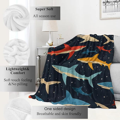 Shark Blanket Vibrant Sharks Dark Throw Blankets,Birthday Gifts for Girls Boys Women & Ocean Lovers,Lightweight Soft Fleece,for Sofa Couch Bed Room Sea Life Decor 60x80in