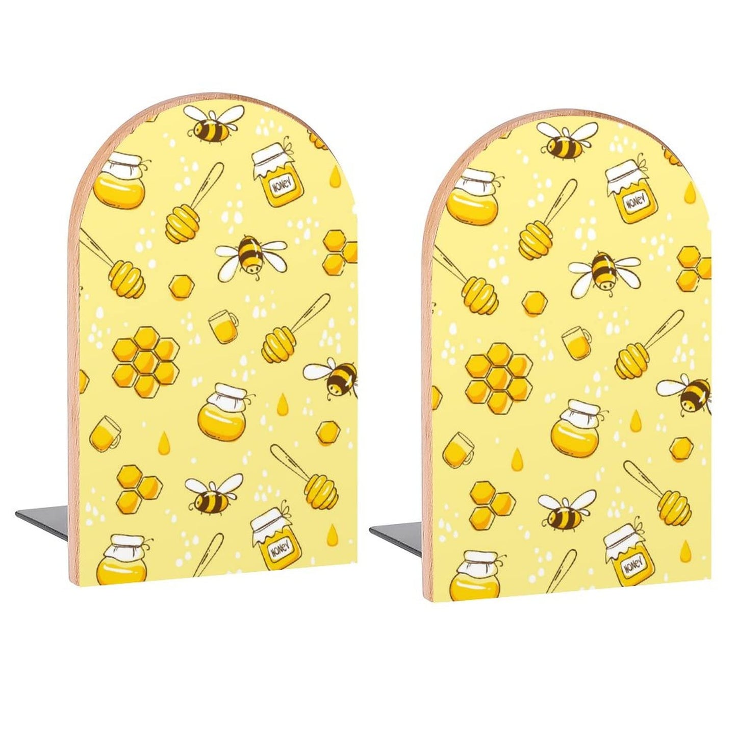 Cute Bees and Honey Book Ends Decorative Wood Bookends for Shelves Kids Room Desk Home Office Book Stoppers for Magazines,Books, DVDs, 1 Pair/2 Pieces(5x3.1 in)