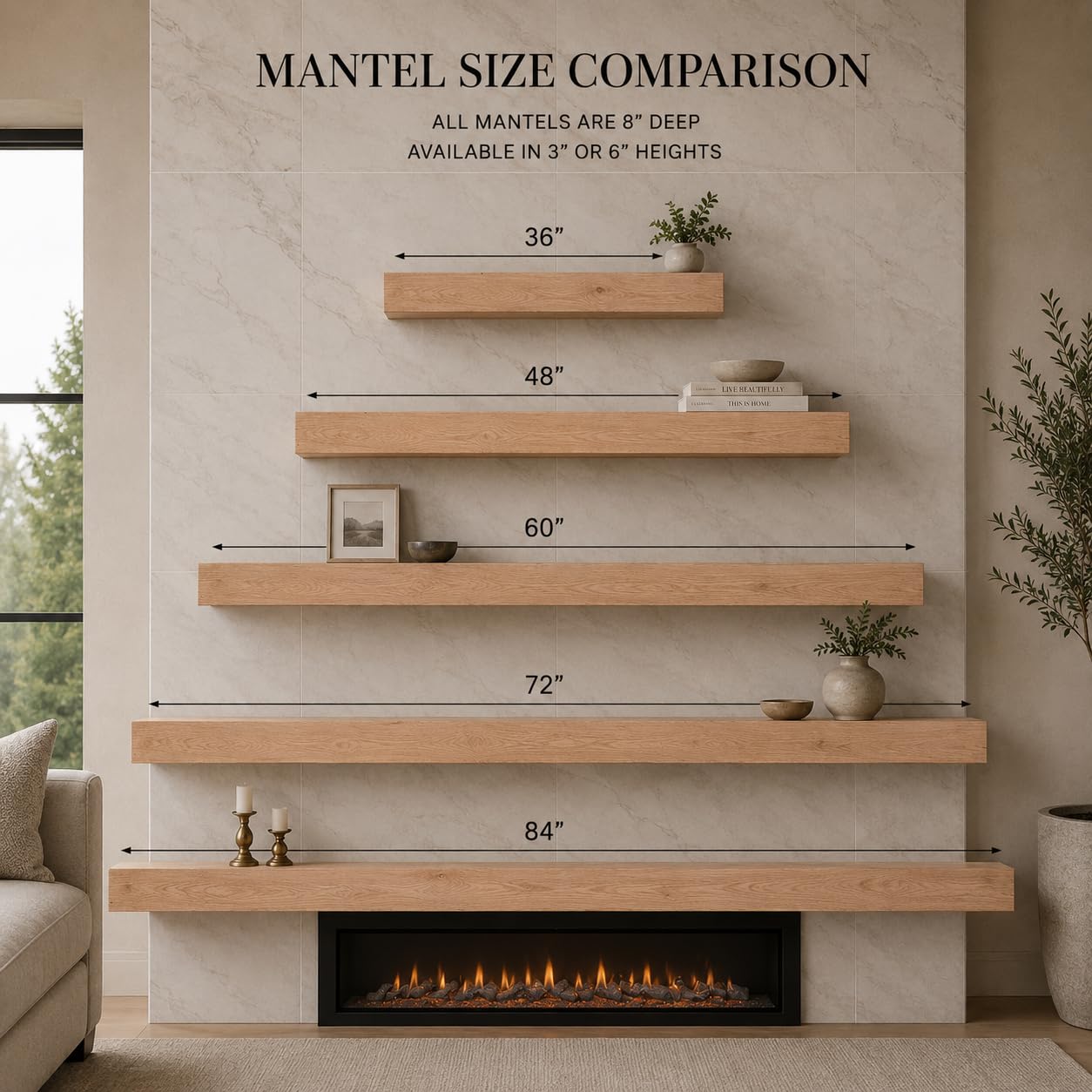 Urbandi Modern Fireplace Mantel, Contemporary, Floating Mantle, Shelf, Hand Crafted, (Aged Oak, 60Lx3Hx8D)