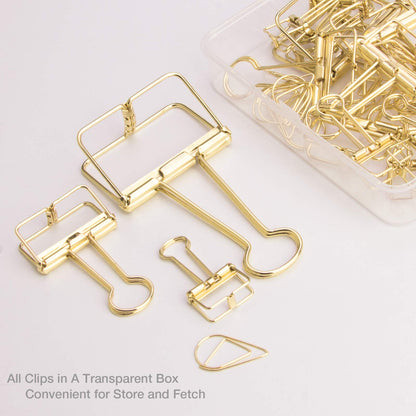 18 Pcs Gold Wire Binder Clips and 20 Pcs Cute Paper Clips Set Assorted Sizes, 2 Big 6 Medium 10 Small Smooth Steel Hollow Office Clamp Clips