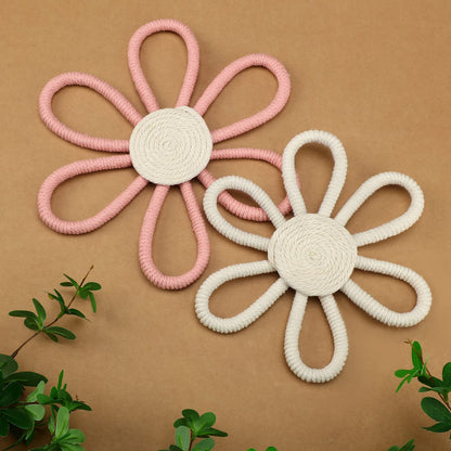 Gerrii Boho Nursery Decor for Girl Daisy Flower 9. 8 and 7. 8 Inch Woven Macrame Wall Hanging Daisy Flower Bohemian Nursery Wall Decor for Baby Girls Kids Bedroom Dorm(Pink, White,2 Pcs)