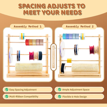 Wooden Ribbon Display Holder-Adjustable Spacing, Washi Tapes, and Sewing Threads | Craft Room Supply Storage Organization, Hair Ribbon & Gift Wrapping Supply Rack