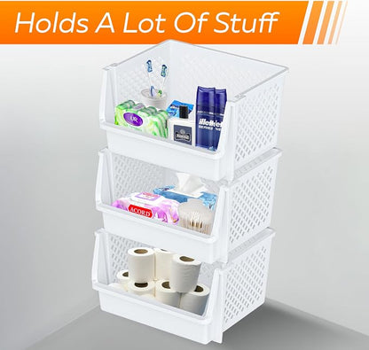 XLarge Stackable Storage Bins Open Front for Pantry Storage, 6 Pack - White | Sturdy Plastic, Easy Stacking, Open Front Access, Ventilated Sides, Vertical & Space Saving Pantry Organizers and Storage Bin