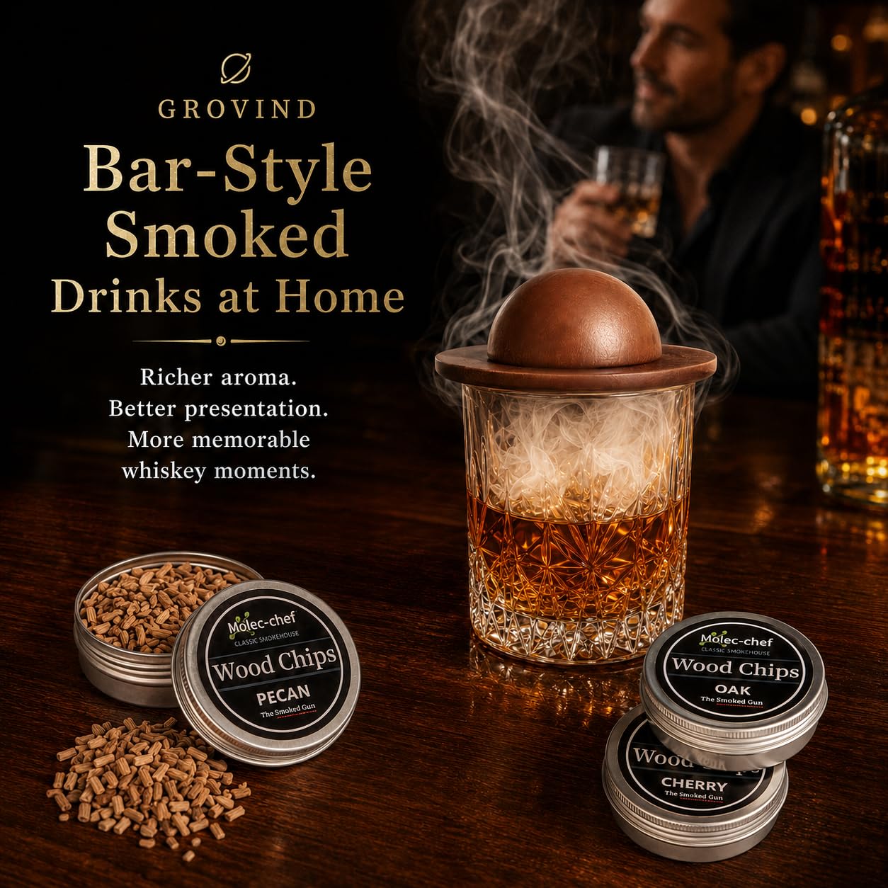 Grovind Whiskey Smoker Kit,Cocktail Smoker Kit with Torch,Bourbon smoker kit,Old Fashioned Smoker kit,Drink Smoker Infuser Kit with Wood Chips,Birthday Whiskey Bourbon Gifts for Men,Dad,Husband