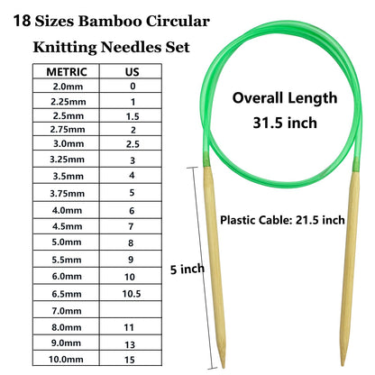 Hobekoee Knitting Needles Set,36 PCS 9.8" Straight Single Pointed Bamboo Knitting Needles ＆ 18 Pairs 31.5” Bamboo Circular Knitting Needles Set with Colorful Plastic Cable,18 Sizes: 2mm-10mm