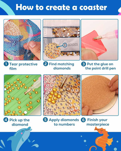 8 Pcs Diamond Art Painting Coaster Kit, DIY Small Gem Diamond Art Kits for Adults Women Beginners Kids, Diamond Dotz Kits Non Slip Coaster Craft Art Supplies (Ocean)