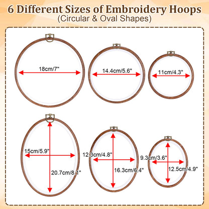 OwnMy 6PCS Embroidery Hoops with Hanging Rings - Decorative Imitated Wood Embroidery Hoop Frames for Display, 3 Oval and 3 Circle Cross Stitch Hoops for DIY Sewing Crafts