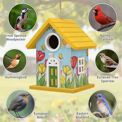 Wooden Bird Houses Bird House for Outside Yellow Wood Bird House for Outdoors,Handmade Painted Tulips Bird Houses for Garden Blue Bird Hummingbird Wren Cardinal Swallow Sparrow Finch Chickadee
