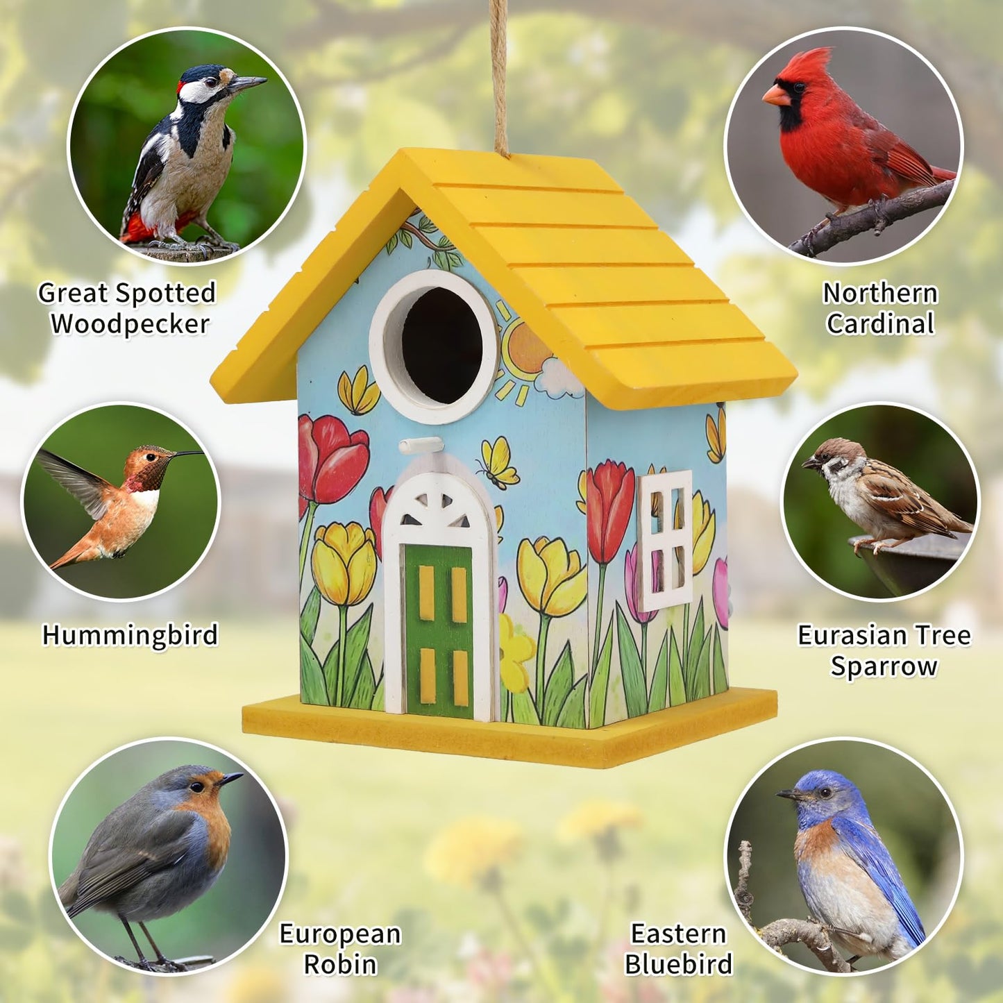 Wooden Bird Houses Bird House for Outside Yellow Wood Bird House for Outdoors,Handmade Painted Tulips Bird Houses for Garden Blue Bird Hummingbird Wren Cardinal Swallow Sparrow Finch Chickadee