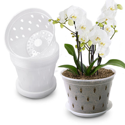 lanccona Orchid Pot, 7 Inch 8 Pack Orchid Pots with Holes and Saucers, Clear Plastic Plant Pot Indoor