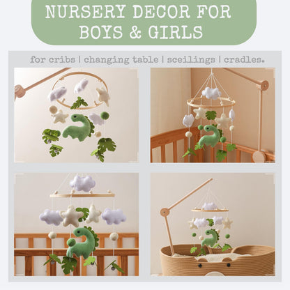 Moyii Baby Crib Mobile for Nursery - Handmade Felt Dinosaur Hanging Mobile - Green Dino Ceiling Decor for Boys Girls - Neutral Boho Jungle - Newborn Baby Shower Gift