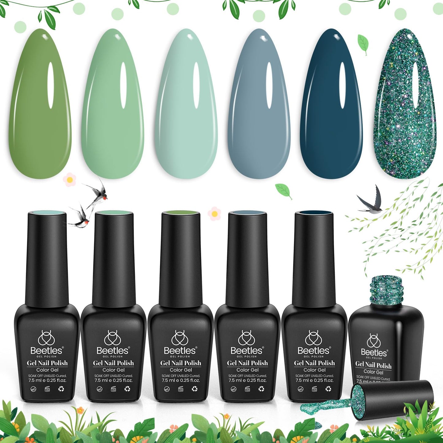 Beetles Cat Eye Gel Nail Polish Set, 6 Colors Glitter Red Pink Shiny Brown Burgundy Purple Blue Green Magnetic Effect Sparkle Stunning Nail Gel Polish Kit Soak Off UV Manicure Gifts for Women
