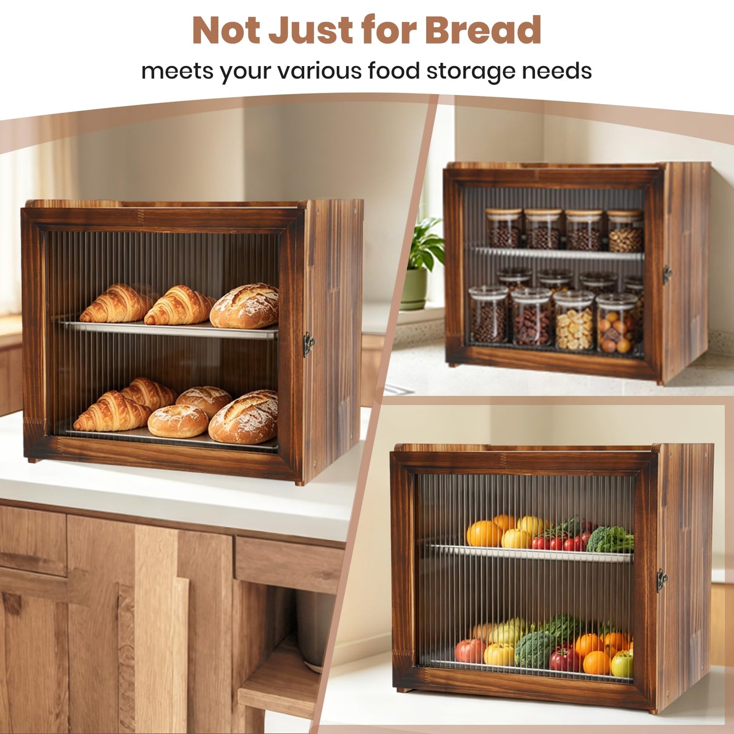 Keeswin 2-Layer Wooden Bread Box for Kitchen Countertop with Removable Tray