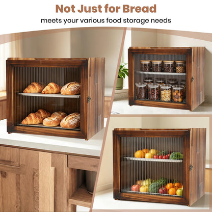 Keeswin 2-Layer Wooden Bread Box for Kitchen Countertop with Removable Tray