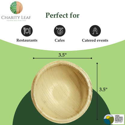 Charity Leaf Disposable Palm Leaf 3.5" Round Mini Bowl (100 pcs) Dipping Bowls | Bamboo Like| All Natural and Biodegradable | Charcuterie Boards, BBQs, and Parties