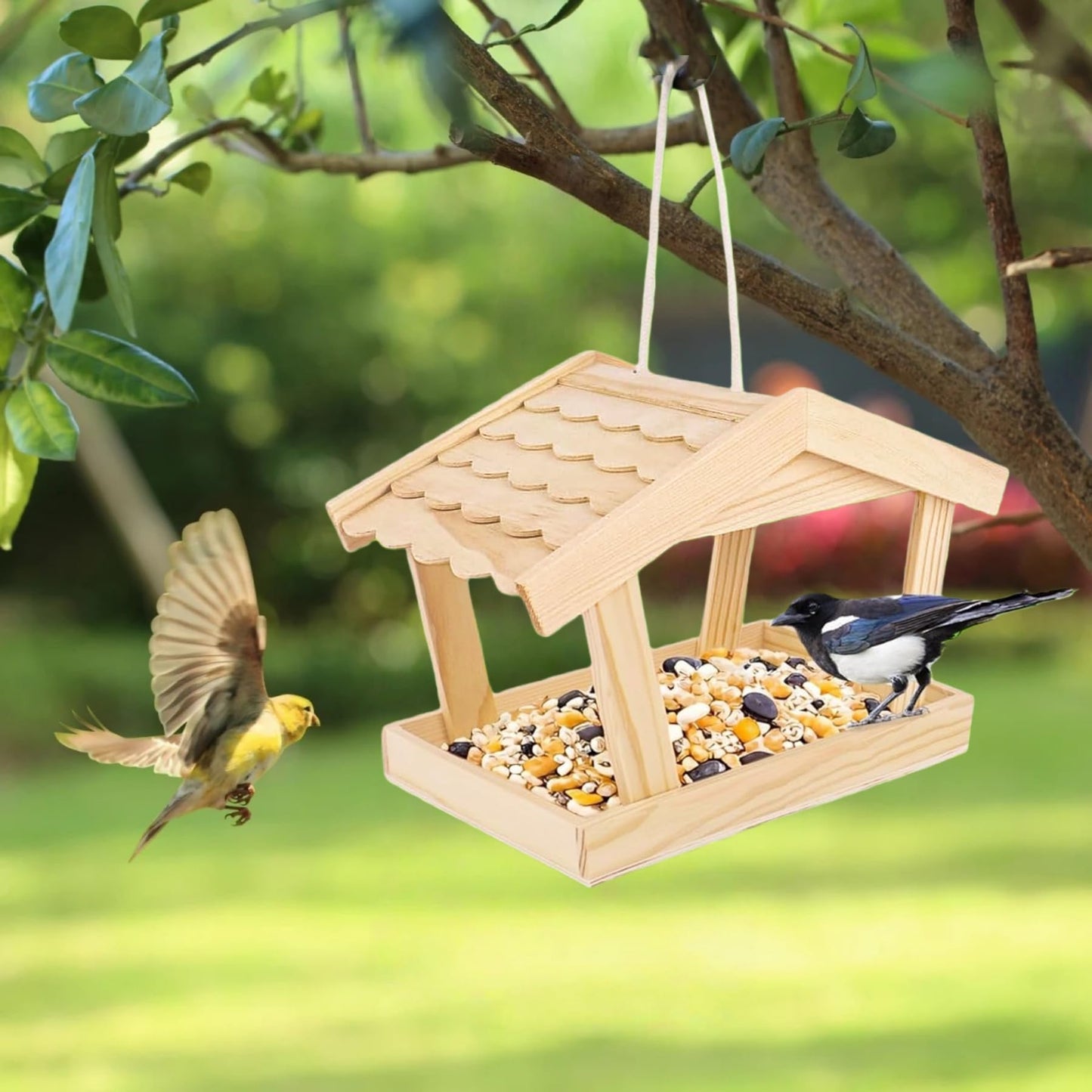Dmnnlp Bird Feeders House, 10x6.3x7.8 Inch Wooden Wild Bird Feeders for Cardinals Finches Bluebird Mealworm, Platform Bird House Feeder for Garden Yard Outside Hanging, Unfinished Wood