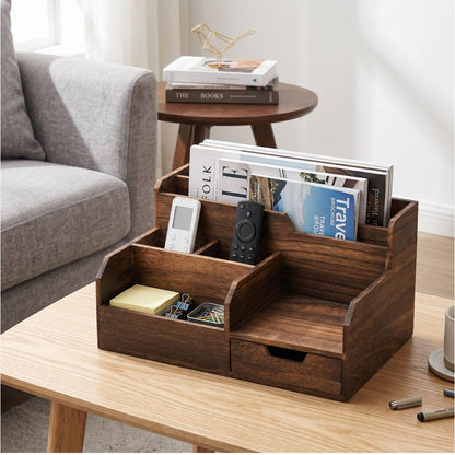 Pumtus Brown Wooden Desk Organizer, Mail Organizer with 7 Compartments and Drawer, Rustic Mail Sorter with Pen Holder, Tabletop Mail Basket, Office Accessories Holder for File Letter Document