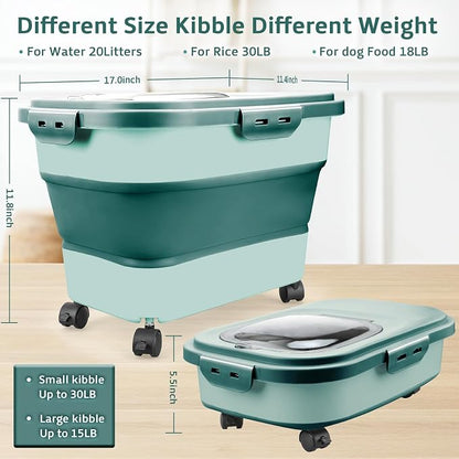 Komzon Rice Storage Containers, Collapsible 20 to 30Lbs Food Storage Bin Dispenser with Rolling Wheel and Clear Airtight Lid, BPA Free Flour, Sugar, Cereal and Dog Cat Pet food Containers