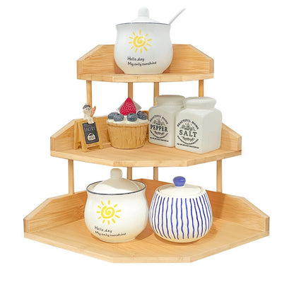 HYNAWIN Bamboo Corner Desk Organizer Shelf, 3-Tier Triangle Storage Rack for Office & Home, Space-Saving Desktop Shelf for Books, Stationery, Makeup, Small Items