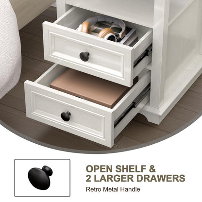 REDAYFUR End Table with Fast USB C Charging Station, 18" Wide Tall Sofa Side Table with 2 Drawers, Large Storage Rustic Wood Square Storage Cabinet for Living Room,Bedroom,Office, White